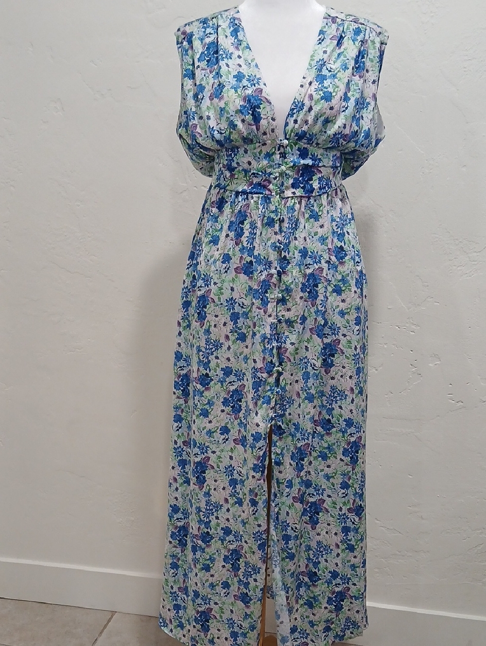 Zara Blue and Green Floral Button-Front Maxi Dress